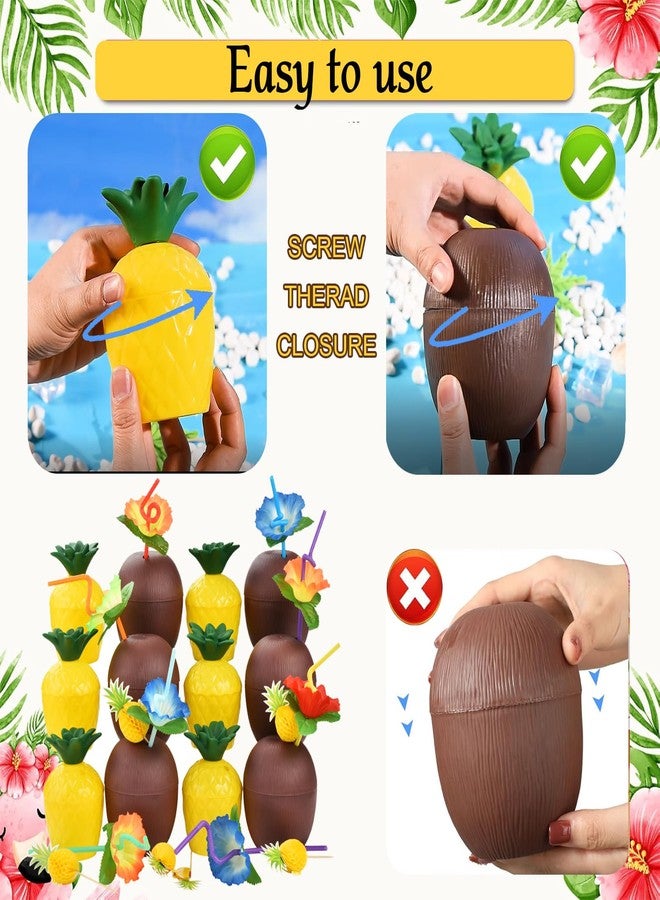 Haundry 18 Coconut Pineapple Cups with 18 Straws, 18 Cocktail Drink Picks, Hawaiian Luau Tiki and Beach Theme Party Decorations for Kids and Adults, Flower - Image 4