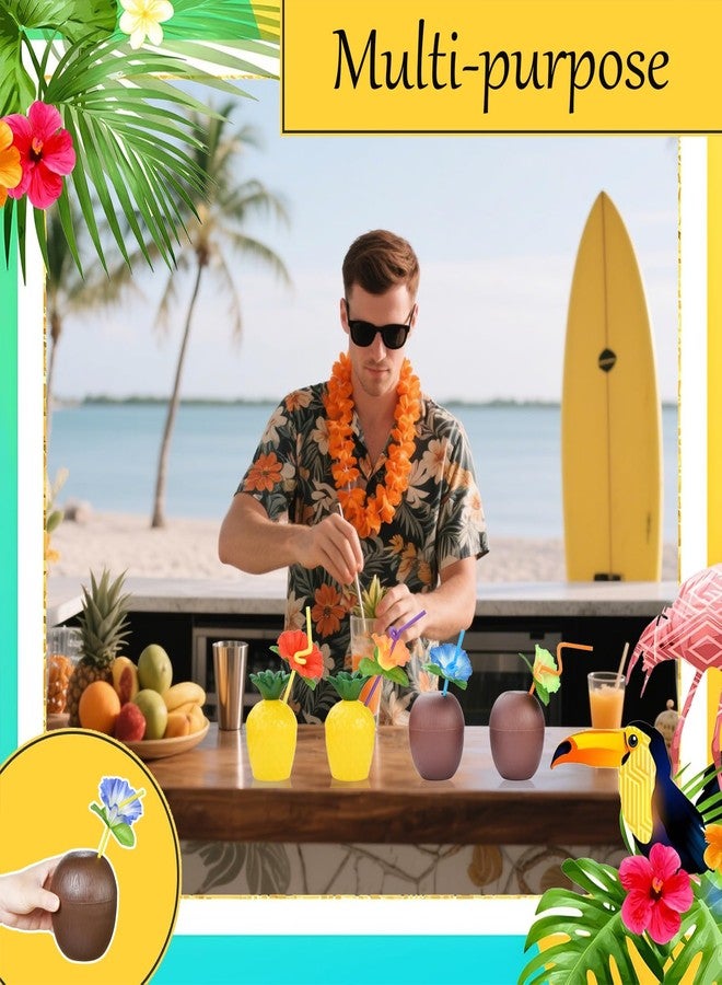 Haundry 18 Coconut Pineapple Cups with 18 Straws, 18 Cocktail Drink Picks, Hawaiian Luau Tiki and Beach Theme Party Decorations for Kids and Adults, Flower - Image 3