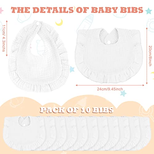 Seematn 10 Pcs Baby Muslin Bibs Drool Bibs Bandana Ruffle Soft Cotton for Newborn Baby Infants Girl Teething Toddlers Boy(White) - Image 2