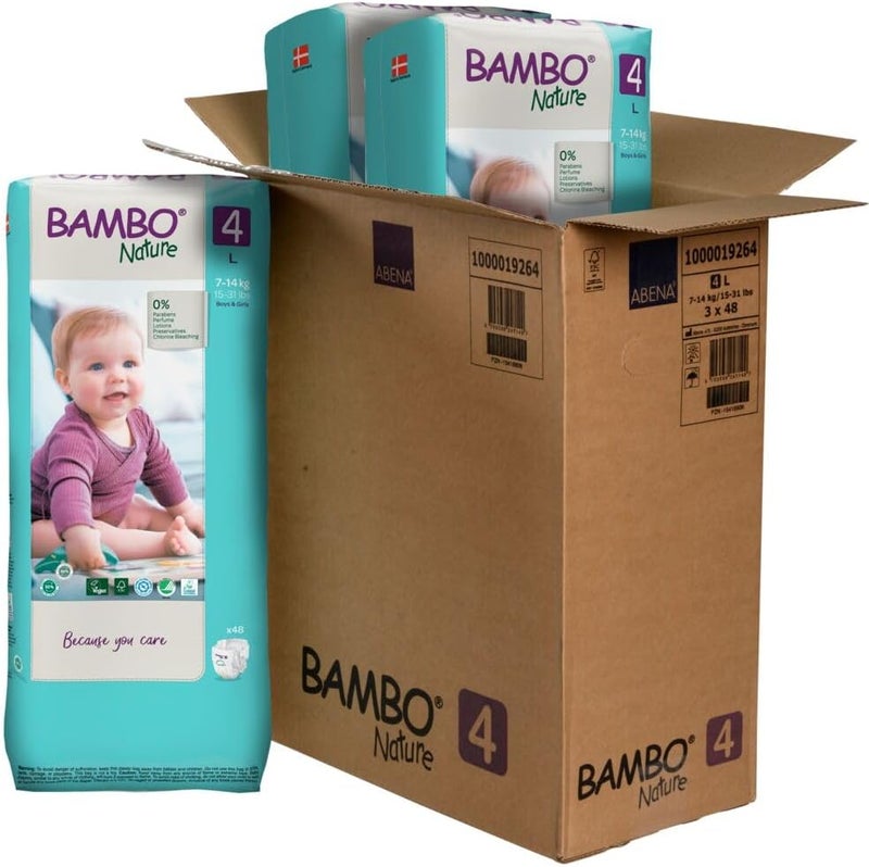 BAMBO NATURE حفاضات بامبو ناتشر المضادة للحساسية للأطفال حفاضات معتمدة بيئياً حماية معززة ضد التسرب خالية تماماً من الكلور صديقة للبشرة و فائقة الامتصاص الحجم 4 144 قطعة - Image 1