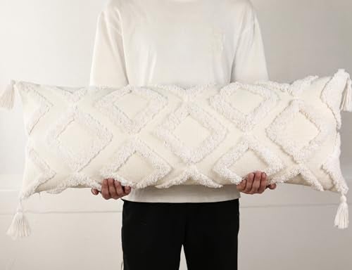 PANOD Decorative Long Lumbar Pillow Cover 14x36 Boho,Super Soft Chenille Extra Long Lumbar Pillow Case Cover with Tassel for Bed Sofa Couch Farmhouse Livingroom,White,Modern Skinny - Image 1