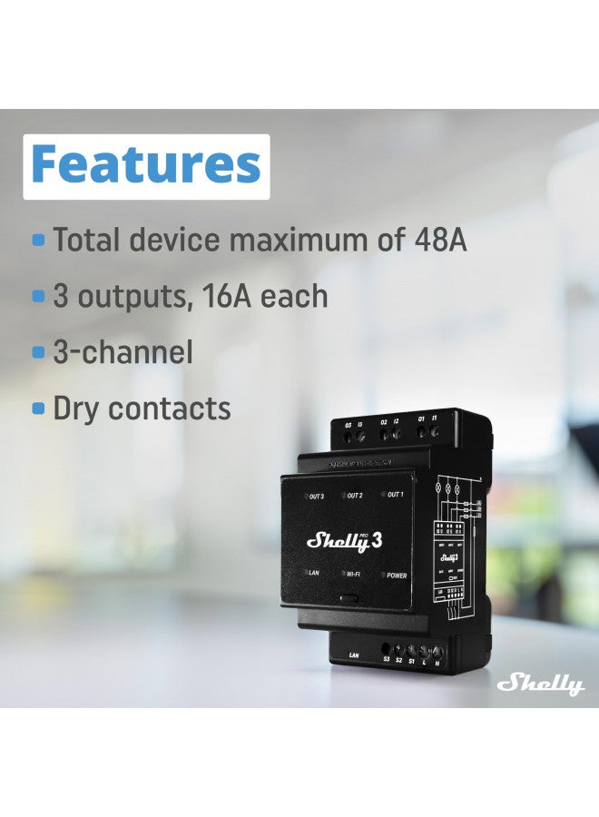 Shelly Pro 3 | Wi-Fi, LAN & Bluetooth 3 Channel Smart Relay | Home & Facility Automation | Compatible with Alexa & Google Home | iOS Android App | Lights Automation | Controller for Motorized Valve