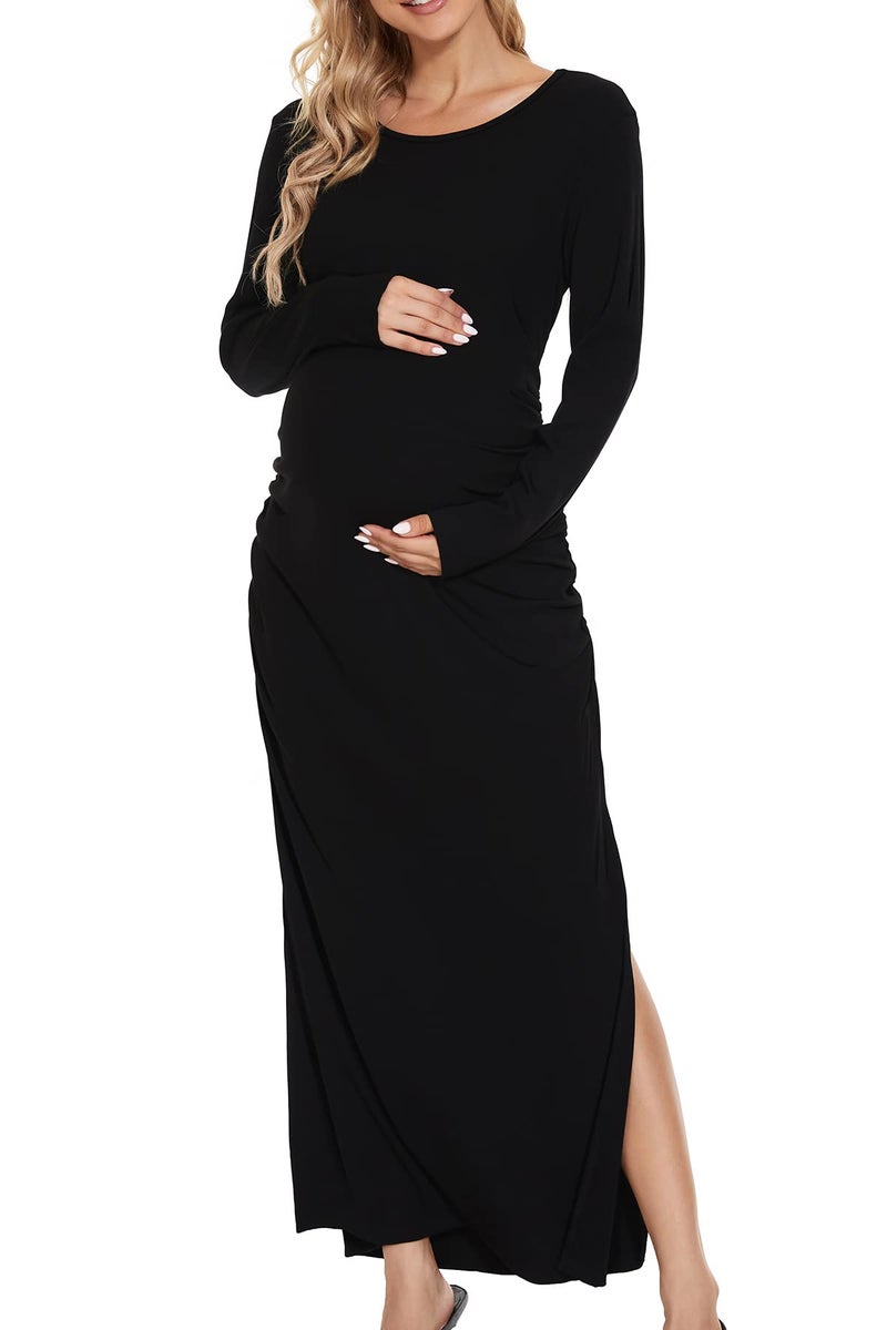 Smallshow Women's Split Maternity Dress Long Sleeve Ruched Pregnancy Clothes Medium Black - Image 1