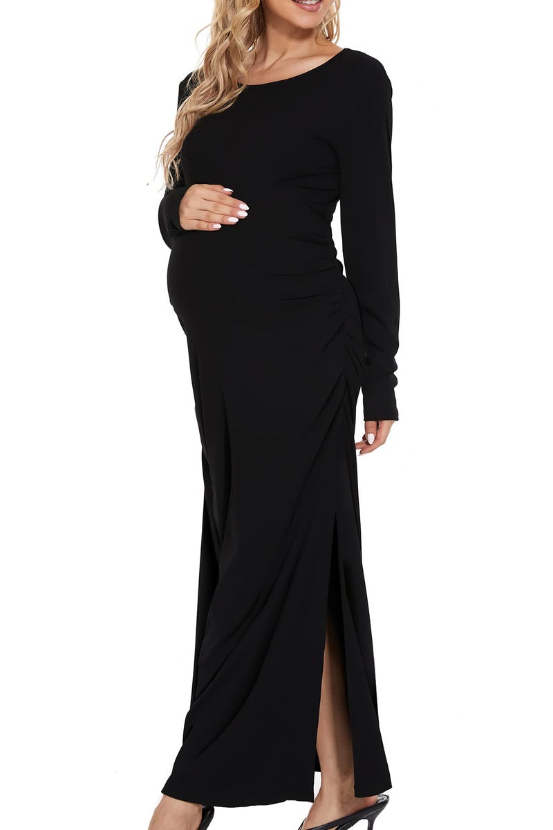 Smallshow Women's Split Maternity Dress Long Sleeve Ruched Pregnancy Clothes Medium Black - Image 3