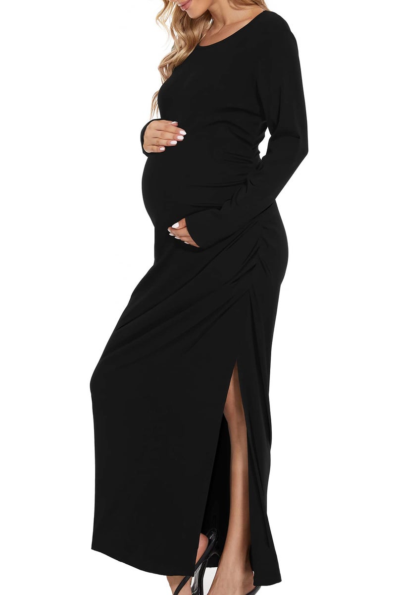 Smallshow Women's Split Maternity Dress Long Sleeve Ruched Pregnancy Clothes Medium Black - Image 2