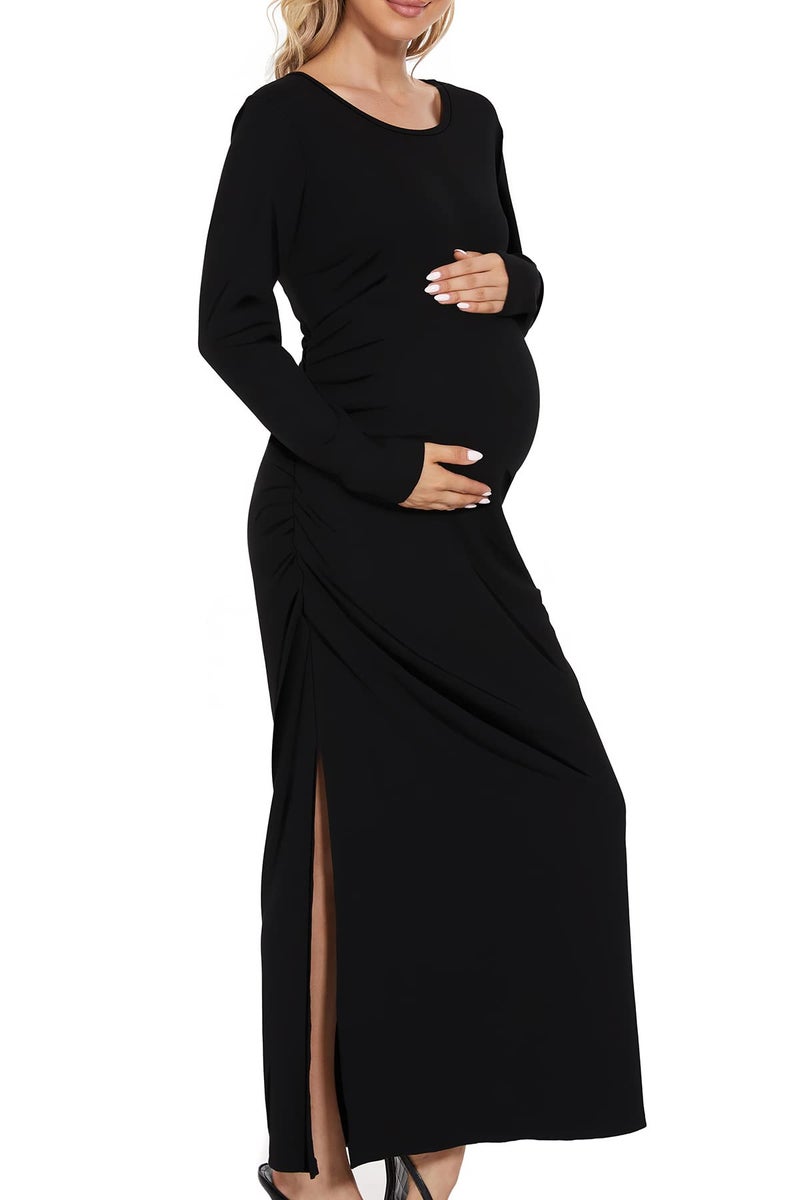 Smallshow Women's Split Maternity Dress Long Sleeve Ruched Pregnancy Clothes Medium Black - Image 4
