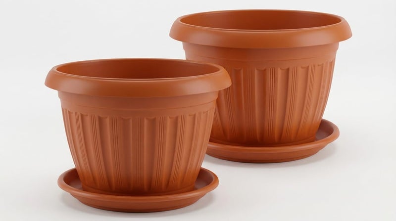 Plastic Planter Pots Set, 2 Pieces with 2 Watering Dishes, Durable and Resistant for Home Plants (Brick, 25cm)