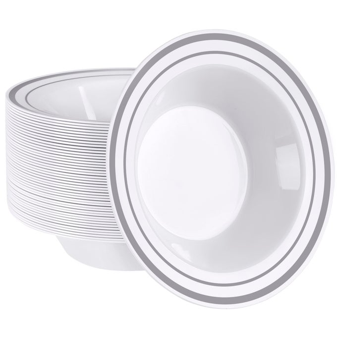 12 OZ 50 PIECE DESSERT SOUP BOWLS WITH SILVER RIM PLASTIC BOWLS DISPOSABLE PREMIUM HEAVYDUTY DISPOSABLE SOUP BOWLS FOR PARTY WEDDING AND ALL OCCASIONS
