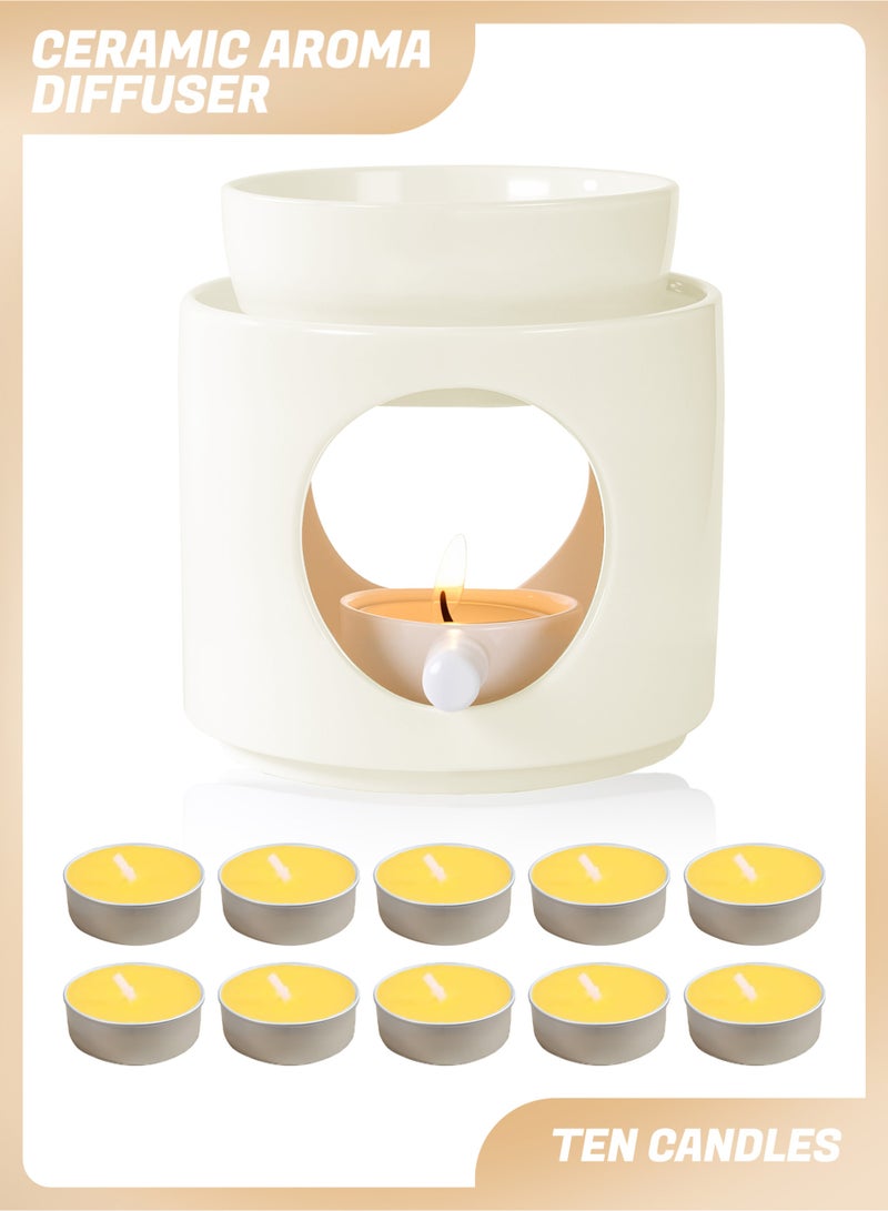 موقد زيت خزفي من 12 قطعة، مع حامل شمعة و مجموعة من 10 شمعات، حامل لتدفئة الزيوت العطرية، موزع روائح الشموع لتزيين المنزل وغرفة النوم - Image 1