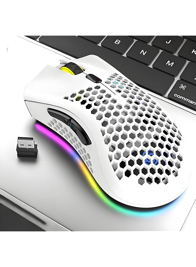 Wireless Gaming Mouse Rechargeable Pc Mouse With Rgb Backlight 7 Buttons Adjustable Lightweight Honeycomb 2.4G Usb Cordless Shell For Laptops Pc Computers Ect（White） - Image 1