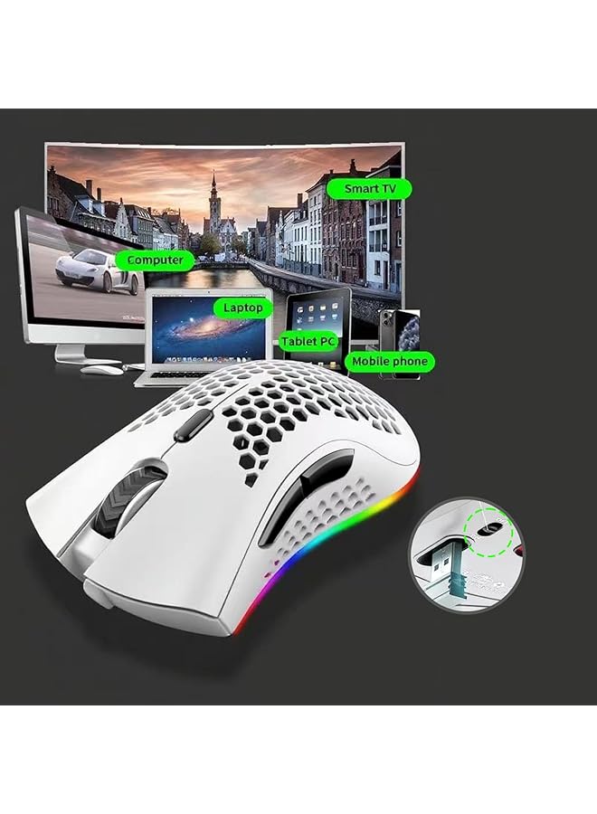 Wireless Gaming Mouse Rechargeable Pc Mouse With Rgb Backlight 7 Buttons Adjustable Lightweight Honeycomb 2.4G Usb Cordless Shell For Laptops Pc Computers Ect（White） - Image 2