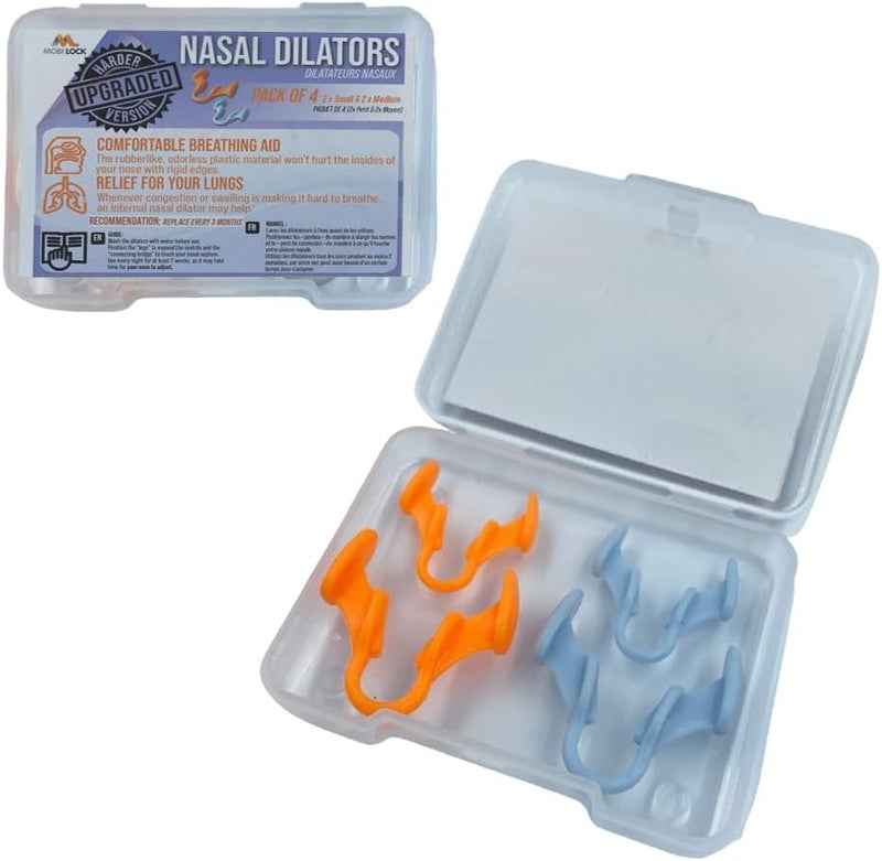 Nasal Dilators for Snoring - Anti Snore Nasal Dilator for Breathing - Upgraded Harder Version - Nose Breathing Aids - Nose Dilator for Sleep, Exercise - 4-Pack, 2 Small & 2 Medium - by Mobi Lock