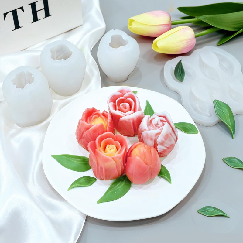 ZQYSING 4 PCS Tulip Candle Molds with Leaf Mold, 3D Tulip Flower Silicone Molds for Candles Making Handmade Soap Clay Plaster Epoxy Resin Casting Home Decorations Mothers Day Gift - Image 4