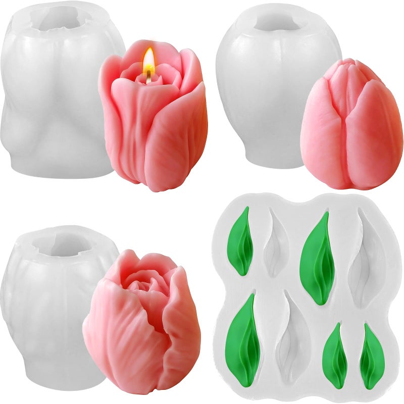 ZQYSING 4 PCS Tulip Candle Molds with Leaf Mold, 3D Tulip Flower Silicone Molds for Candles Making Handmade Soap Clay Plaster Epoxy Resin Casting Home Decorations Mothers Day Gift - Image 1