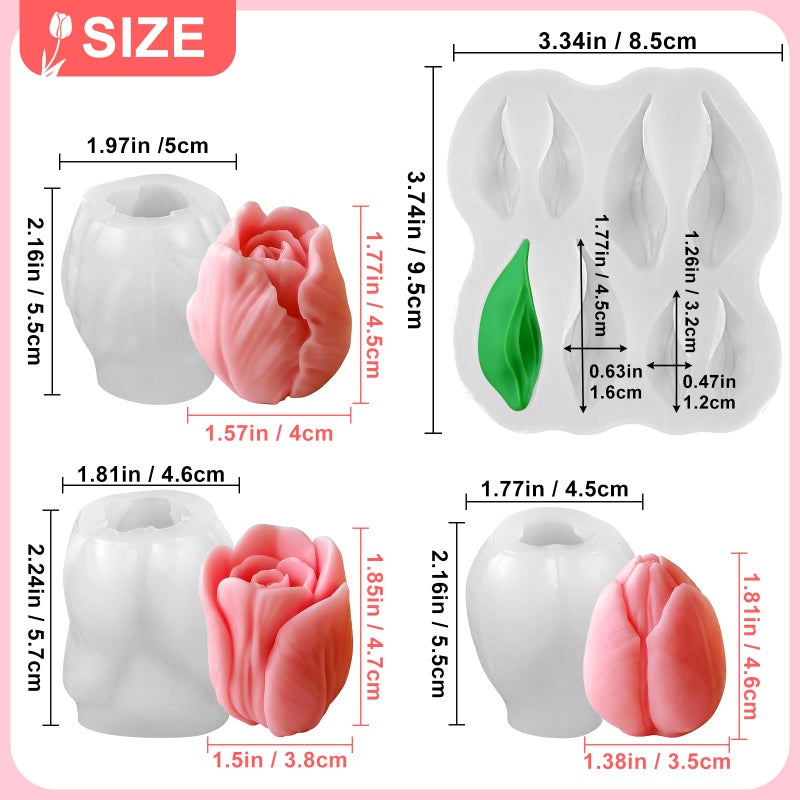 ZQYSING 4 PCS Tulip Candle Molds with Leaf Mold, 3D Tulip Flower Silicone Molds for Candles Making Handmade Soap Clay Plaster Epoxy Resin Casting Home Decorations Mothers Day Gift - Image 5