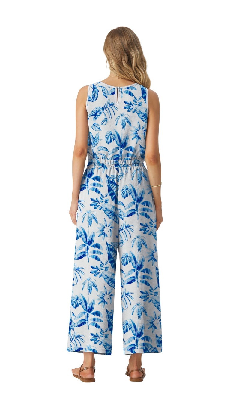 GRECERELLE Two Piece Sets for Women Sleeveless Crop Top Wide Leg Pants Travel Outfits for Women 2025 FP-White Banana Leaf-M - Image 3