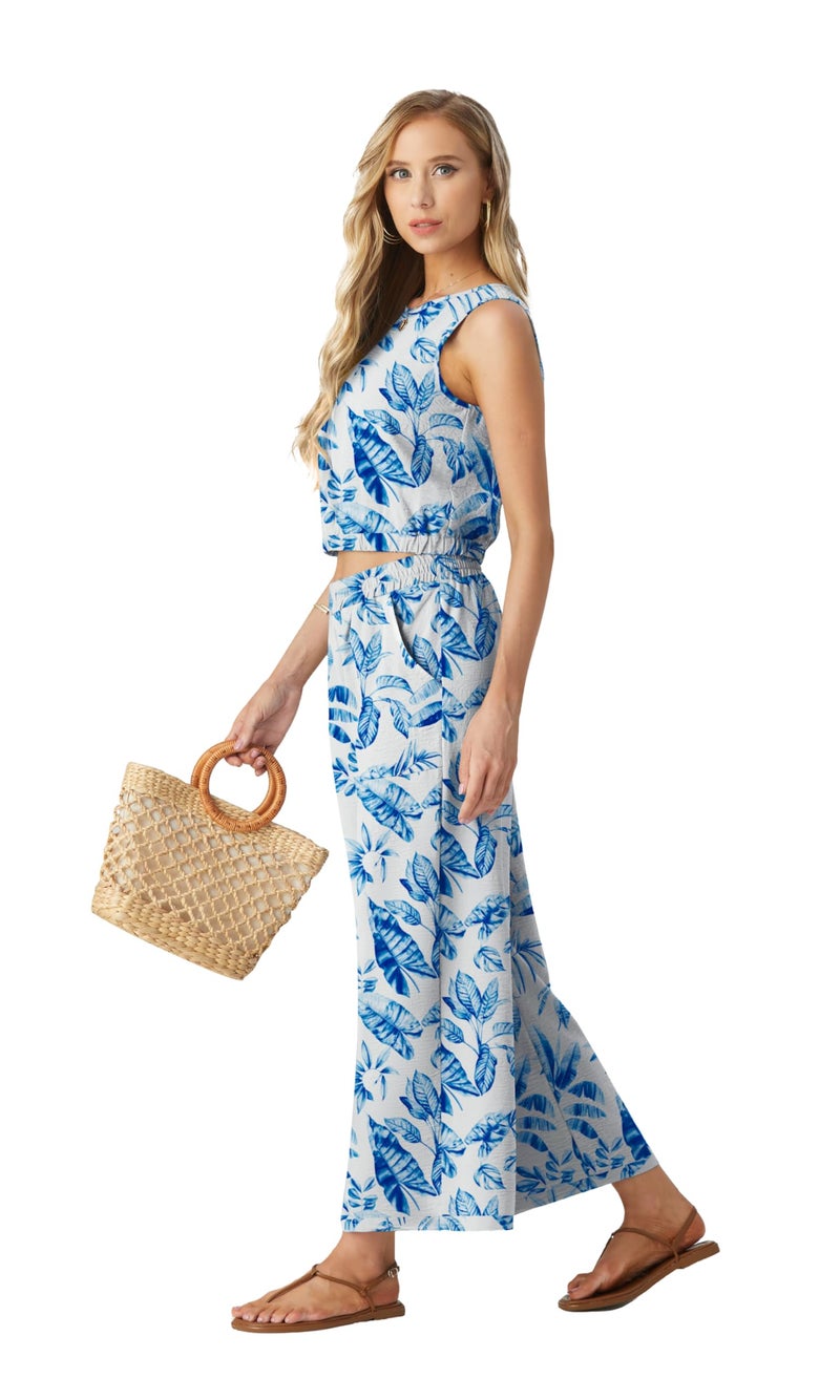 GRECERELLE Two Piece Sets for Women Sleeveless Crop Top Wide Leg Pants Travel Outfits for Women 2025 FP-White Banana Leaf-M - Image 2
