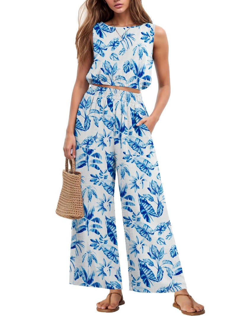 GRECERELLE Two Piece Sets for Women Sleeveless Crop Top Wide Leg Pants Travel Outfits for Women 2025 FP-White Banana Leaf-M - Image 1