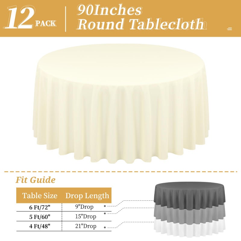 REWOMC 12 Pack Round Tablecloths - 90 Inch, Beige Polyester Table Cover for Round Table, Stain and Wrinkle Resistant Washable Fabric Tablecloth, Polyester Tablecloth for Wedding Banquet Parties - Image 2