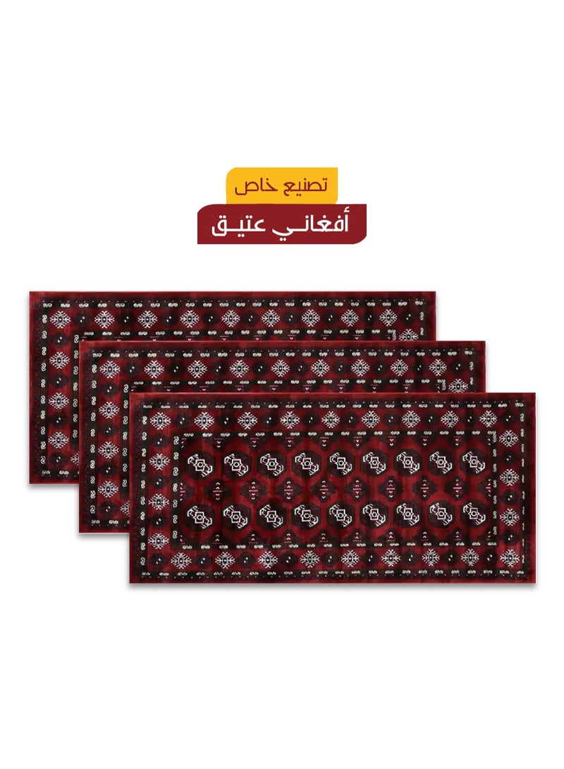 سجادتي باكج 3 مدّات أفغانية يمنحك جلسة جاهزة بنقشة تراثية جميلة مثالية للبر والرحلات ،متينة وسهلة الاستخدام، باللون الأحمر مقاس 80×150 سم. - Image 2