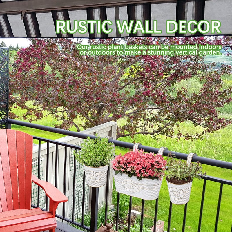 PerGar Vintage Metal Iron Wall Hanging Flower Pots, Rustic Planter Bucket Herb Flower Plant Holder with Detachable Hooks & Drainage Hole for Railing Fence Balcony Deck Garden Home Decoration, Set of 3 - Image 4