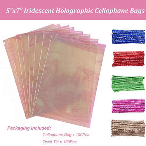 Morepack Valentines Iridescent Holographic Cellophane Bags5x7 Inch 100 Pieces Party Favor Treat Bags with 5 Colors Twist Ties for Weddings Birthday Party - Image 5