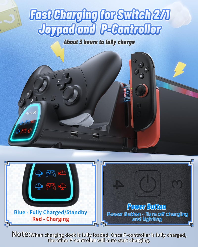FASTSNAIL [Switch 1/2 Compatible] Controller Charging Dock for Nintendo Switch 2/1 for Joycon 2, 10 in 1 Fast Controller Charger Station Stand for Pro Controller 2/1 with 11 RGB Modes, LED Indicator - Image 4