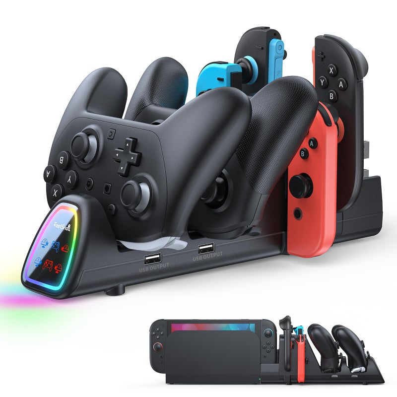 FASTSNAIL [Switch 1/2 Compatible] Controller Charging Dock for Nintendo Switch 2/1 for Joycon 2, 10 in 1 Fast Controller Charger Station Stand for Pro Controller 2/1 with 11 RGB Modes, LED Indicator - Image 1