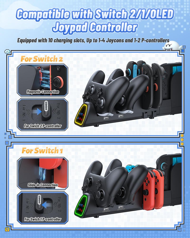 FASTSNAIL [Switch 1/2 Compatible] Controller Charging Dock for Nintendo Switch 2/1 for Joycon 2, 10 in 1 Fast Controller Charger Station Stand for Pro Controller 2/1 with 11 RGB Modes, LED Indicator - Image 3