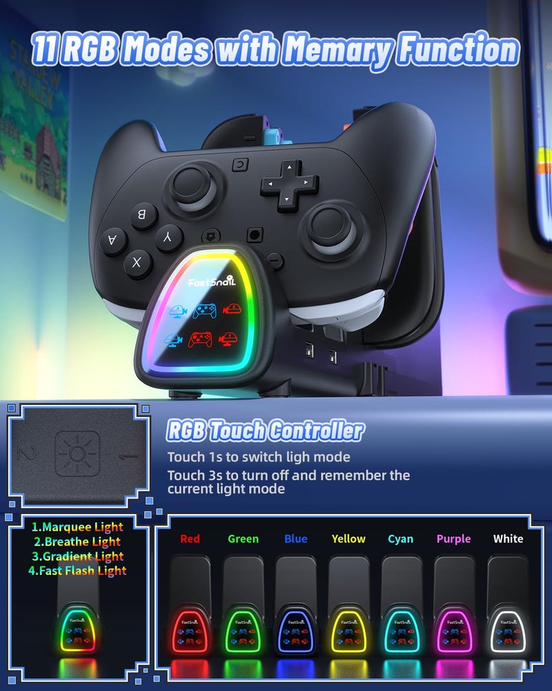 FASTSNAIL [Switch 1/2 Compatible] Controller Charging Dock for Nintendo Switch 2/1 for Joycon 2, 10 in 1 Fast Controller Charger Station Stand for Pro Controller 2/1 with 11 RGB Modes, LED Indicator - Image 5