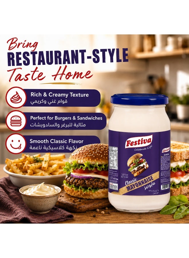 Festiva Classic Mayonnaise 35% Fat 473ml Glass Jar - Creamy Mayo Sandwich Spread for Burgers, Sandwiches, Wraps and Snacks - Dip and Dressing - Image 2