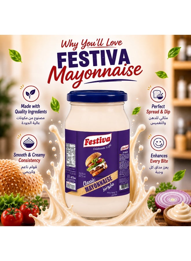 Festiva Classic Mayonnaise 35% Fat 473ml Glass Jar - Creamy Mayo Sandwich Spread for Burgers, Sandwiches, Wraps and Snacks - Dip and Dressing - Image 4