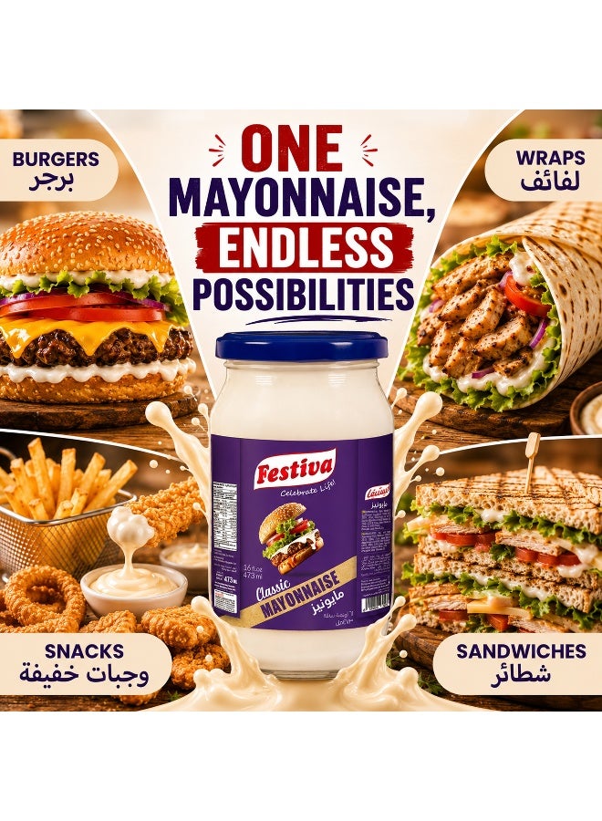 Festiva Classic Mayonnaise 35% Fat 473ml Glass Jar - Creamy Mayo Sandwich Spread for Burgers, Sandwiches, Wraps and Snacks - Dip and Dressing - Image 3