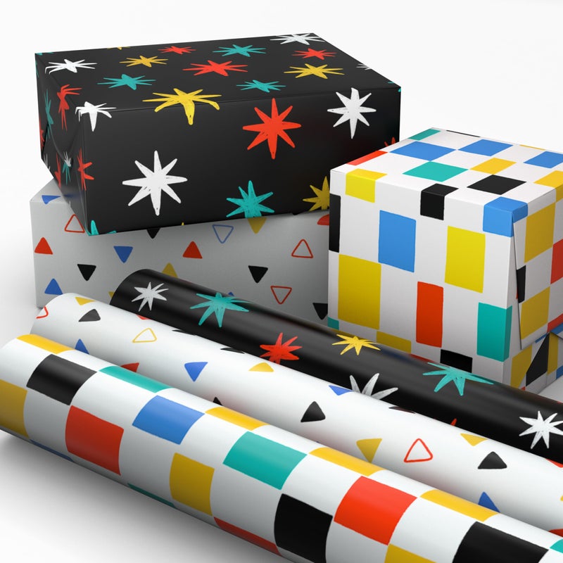 Hallmark Wrapping Paper Mini Rolls 3Pack Checkered Triangles Starbursts for Birthdays Graduations Mothers Day Fathers Day Any Occasion 45 Sq Ft Total - Image 2