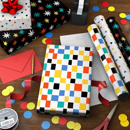 Hallmark Wrapping Paper Mini Rolls 3Pack Checkered Triangles Starbursts for Birthdays Graduations Mothers Day Fathers Day Any Occasion 45 Sq Ft Total - Image 3