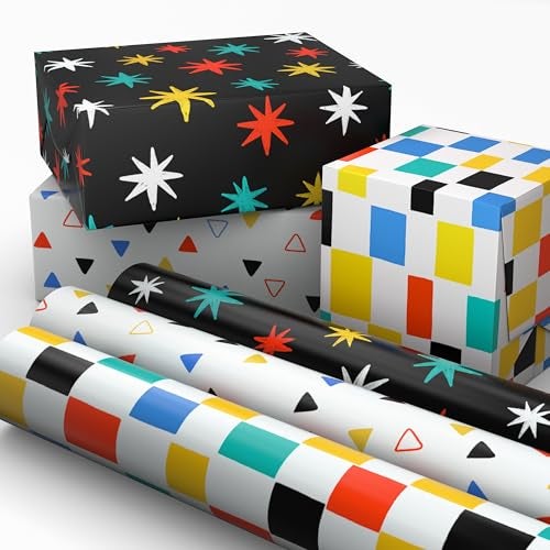 Hallmark Wrapping Paper Mini Rolls 3Pack Checkered Triangles Starbursts for Birthdays Graduations Mothers Day Fathers Day Any Occasion 45 Sq Ft Total - Image 1