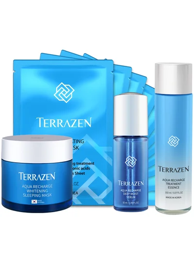 Terrazen Korean Aqua Skincare Bundle - Hydrating Face Sheet Masks, Deep Moist Essence, Recharge Serum & Sleeping Mask - Complete Moisturizing and Rejuvenating Skincare Routine for Dry & Sensitive Skin