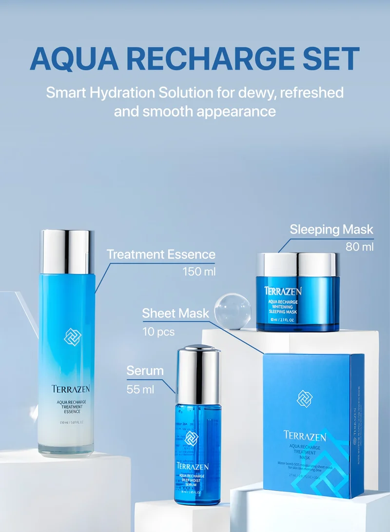 Terrazen Korean Aqua Skincare Bundle - Hydrating Face Sheet Masks, Deep Moist Essence, Recharge Serum & Sleeping Mask - Complete Moisturizing and Rejuvenating Skincare Routine for Dry & Sensitive Skin
