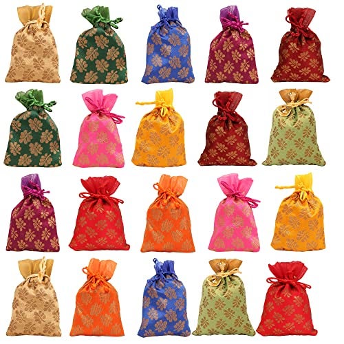 Touchstone Drawstring Bags Traditional Indian Handcrafted in Mimosa leaf Pattern Brocade fabric Perfect for Gifts Jewelry Weddings Sweet Distribution Set of 20 Vibrant Multicolor Pouches Purses Potli - Image 1