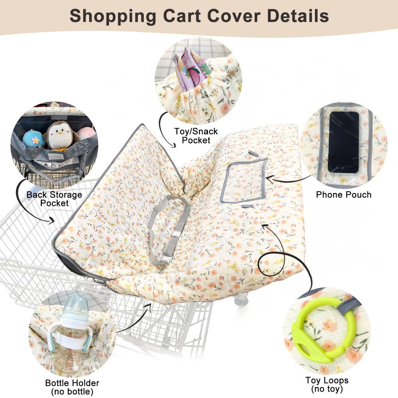 BeBeJoJo Muslin Shopping Cart Cover for Baby Soft & Breathable High Chair Covers for Restaurant Seat Grocery Cart Cover with Storage Pocket Machine Washable for Infant Toddler Boy Girl, Beige Floral - Image 5