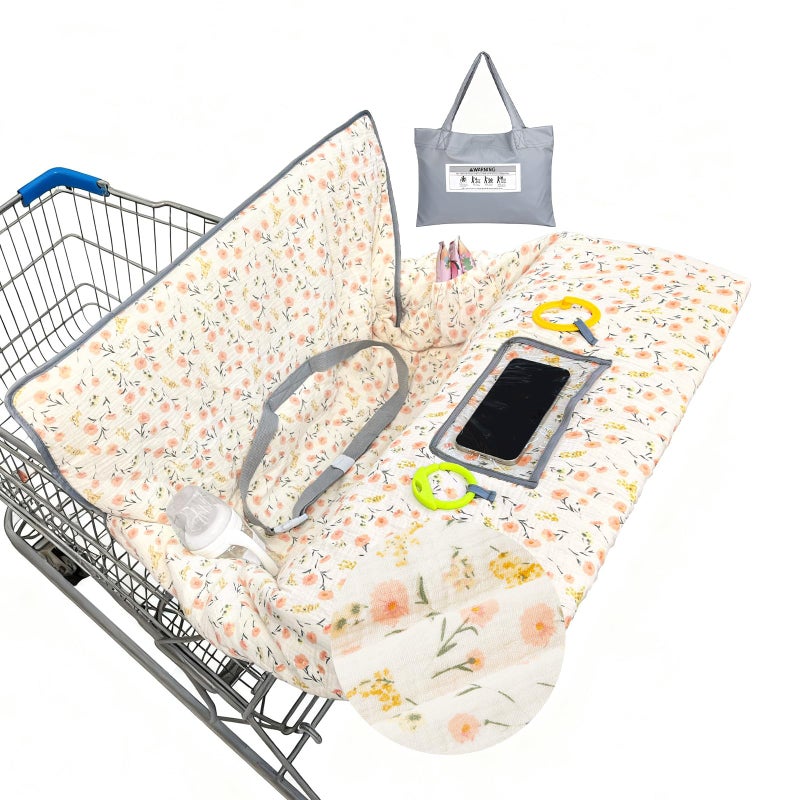 BeBeJoJo Muslin Shopping Cart Cover for Baby Soft & Breathable High Chair Covers for Restaurant Seat Grocery Cart Cover with Storage Pocket Machine Washable for Infant Toddler Boy Girl, Beige Floral - Image 1