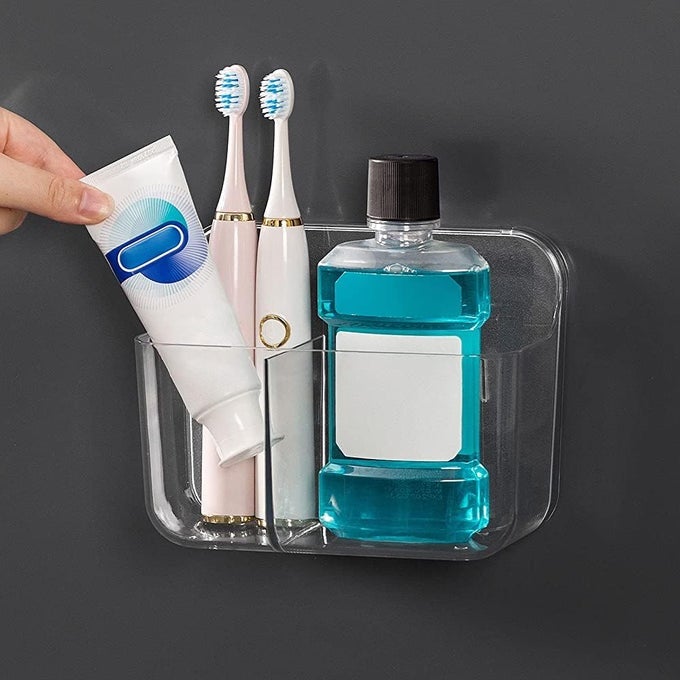 TOOTHBRUSH HOLDERTOOTHBRUSH CADDY WITH 2 COMPARTMENTSHOWER CADDYBATHROOM STORAGEWALL MOUNTED ADHESIVE STORAGE FOR BATHROOMKITCHEN NO DRILLINGCLEAR PLASTIC