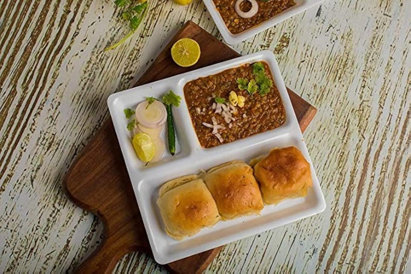 AWICKTIK Polypropylene MicrowaveSafe 12 Pieces 3Compartments DividedDinner 9 Inches Pav Bhaji Plate White - Image 1
