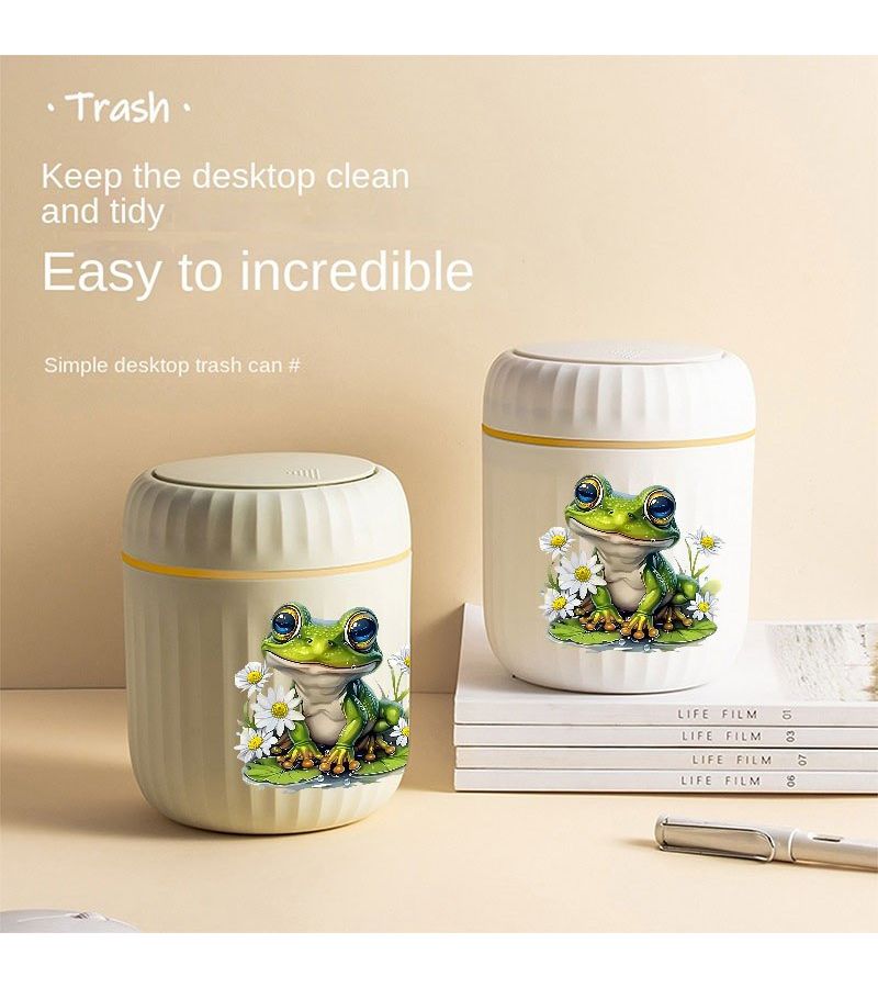 White Press Top Frog Trash Can Hands Free Oval Desktop Waste Basket - Image 1
