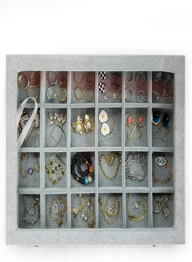 BucketList Women's Velvet Glass Ring Earrings Jewelry Box - Display Storage Showcase Holder Organizer (Big 24 Grid Jewellery Box Grey) - Image 4