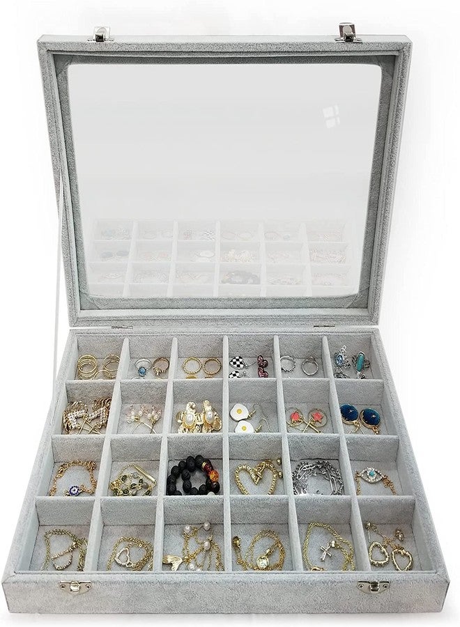 BucketList Women's Velvet Glass Ring Earrings Jewelry Box - Display Storage Showcase Holder Organizer (Big 24 Grid Jewellery Box Grey) - Image 1