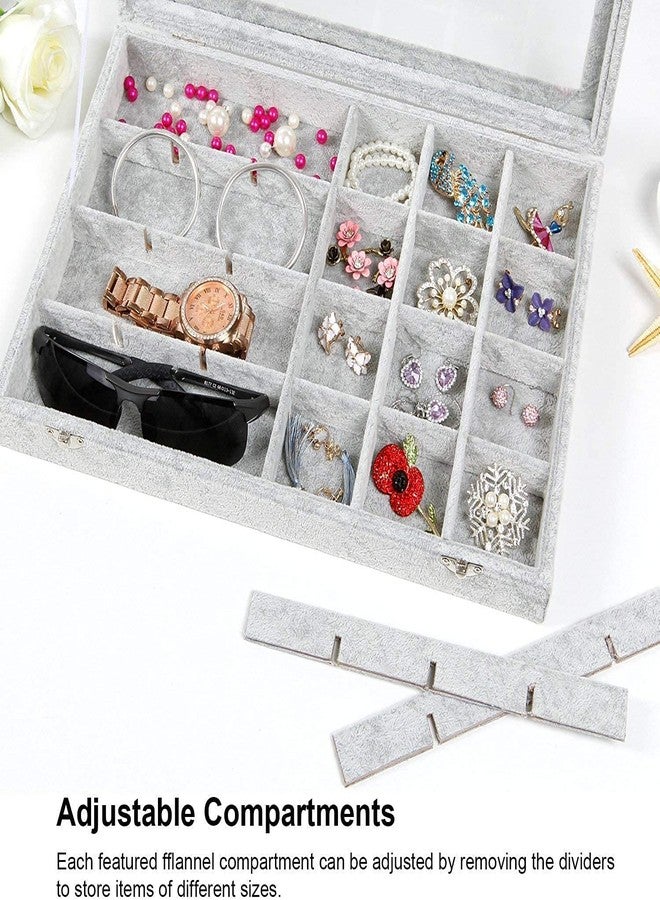 BucketList Women's Velvet Glass Ring Earrings Jewelry Box - Display Storage Showcase Holder Organizer (Big 24 Grid Jewellery Box Grey) - Image 5
