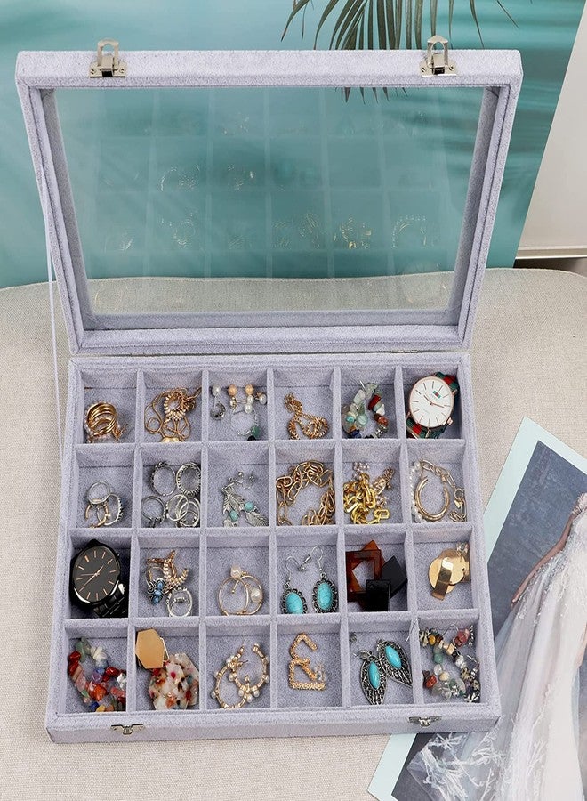 BucketList Women's Velvet Glass Ring Earrings Jewelry Box - Display Storage Showcase Holder Organizer (Big 24 Grid Jewellery Box Grey) - Image 2
