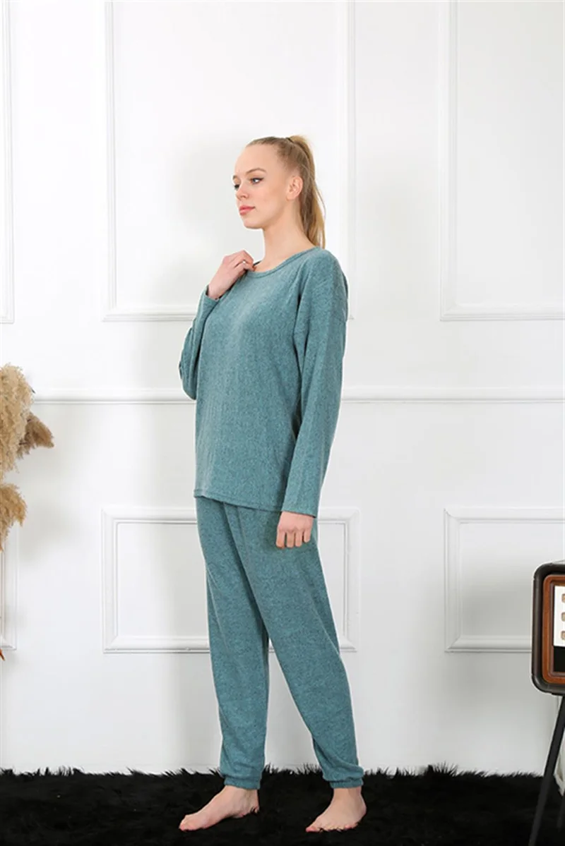 اليش شيل بيزي Women's Thick Long Sleeve Combed Cotton Indigo Pajamas Set 4131