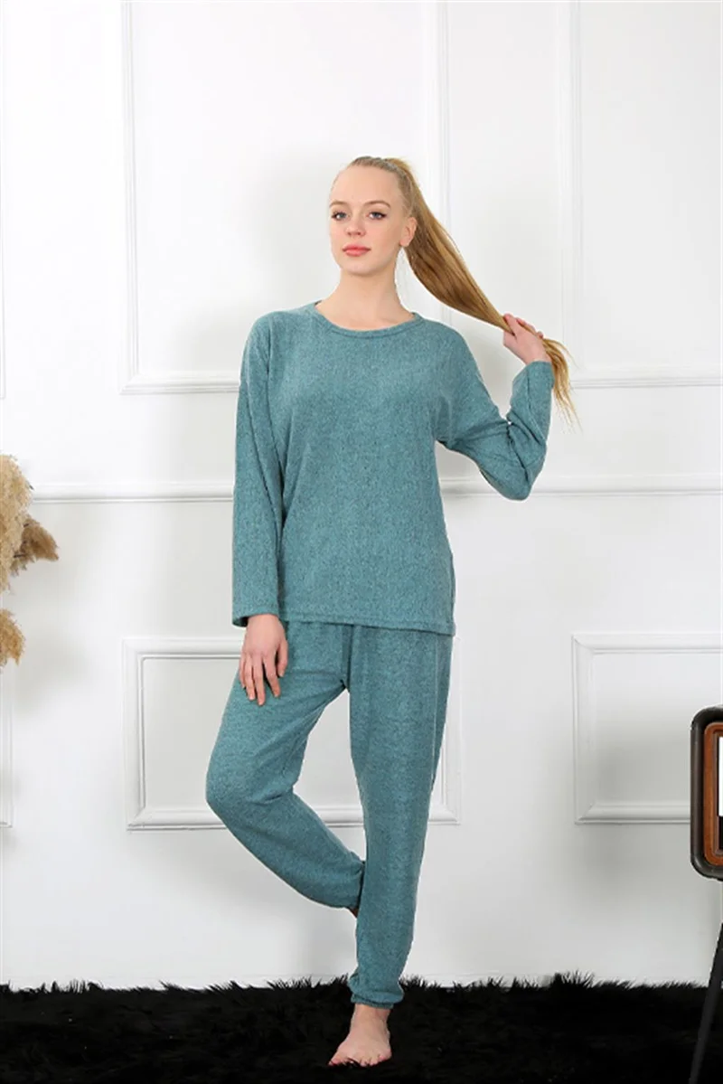 اليش شيل بيزي Women's Thick Long Sleeve Combed Cotton Indigo Pajamas Set 4131